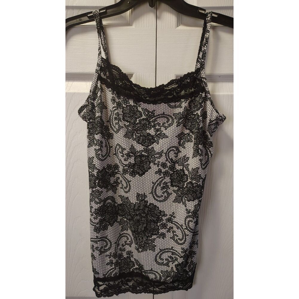 Tempted Large White Black Lace Floral Mesh Spaghetti Strap Camisole